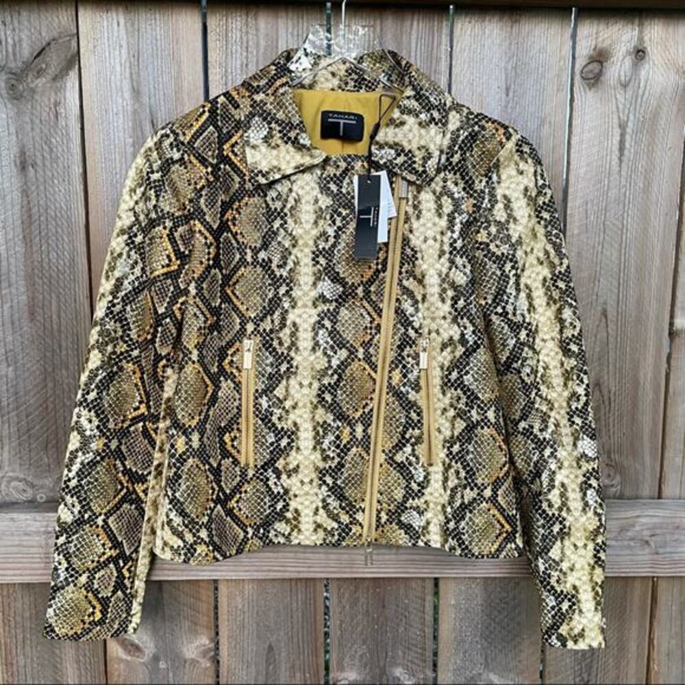 Tahari Jacket Moto Snake Animal Print Faux Vegan Leather Full Zip XS Moto NWT
